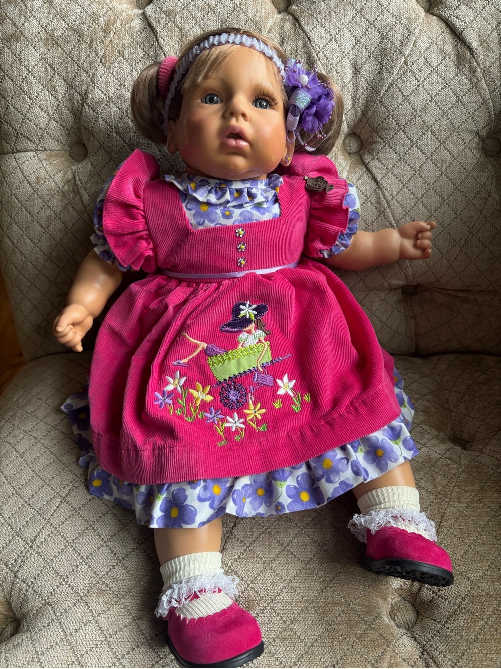 Baby Doll in Bright Pink Dress with Floral Details